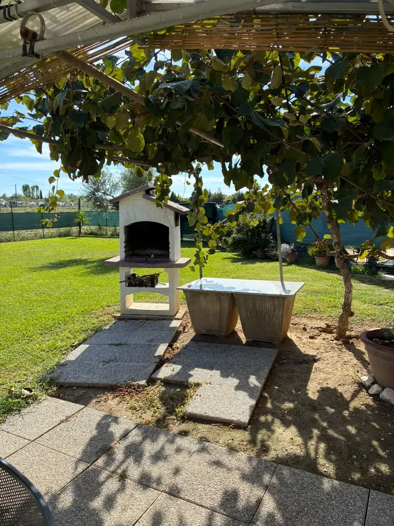 Il barbecue in muratura e il piano d'appoggio all'ombra della pianta rampicante